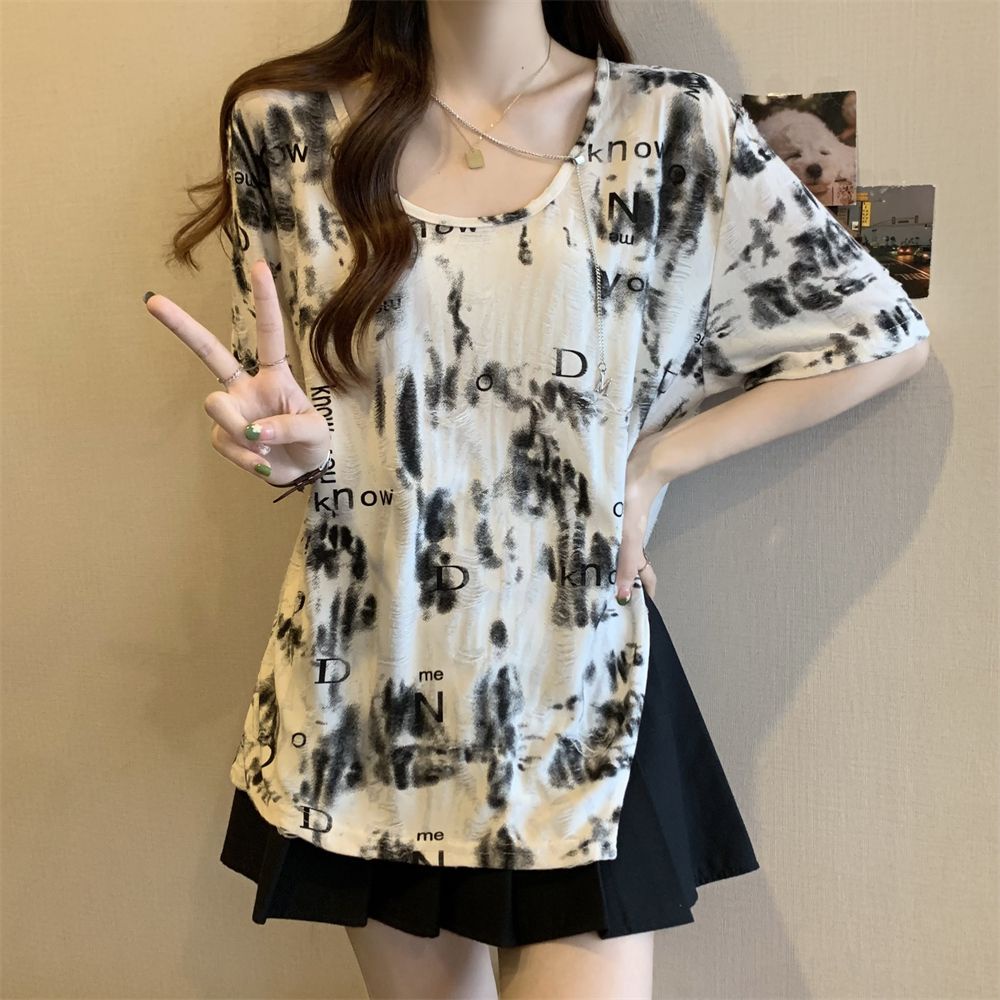 Áo Thun Ngắn Tay Dáng Rộng Màu Nhuộm Phối Dây Xích Thời Trang Mùa Hè Cho Nữ