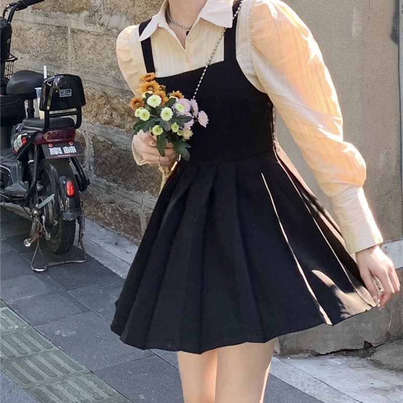 Đầm Nữ Tay Dài Giả Hai Lớp Thời Trang Hàn Quốc Xinh Xắn