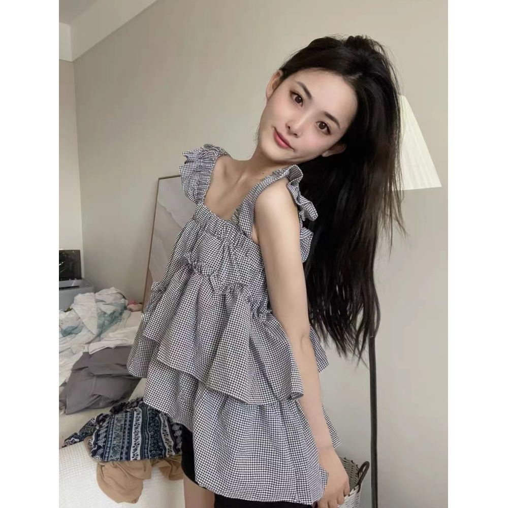 Áo Hai Dây Dáng Rộng Họa Tiết Sọc Caro Ngọt Ngào Thời Trang Mùa Hè Cho Nữ