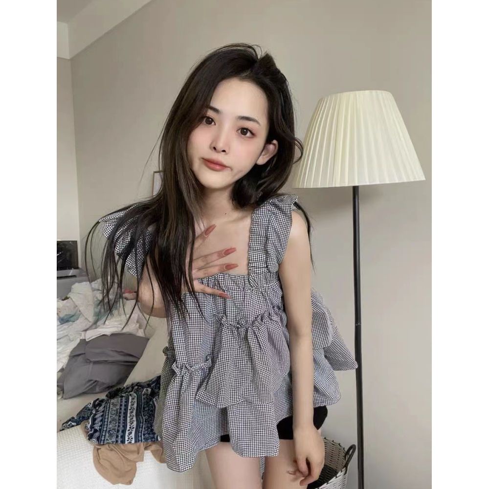 Áo Hai Dây Dáng Rộng Họa Tiết Sọc Caro Ngọt Ngào Thời Trang Mùa Hè Cho Nữ