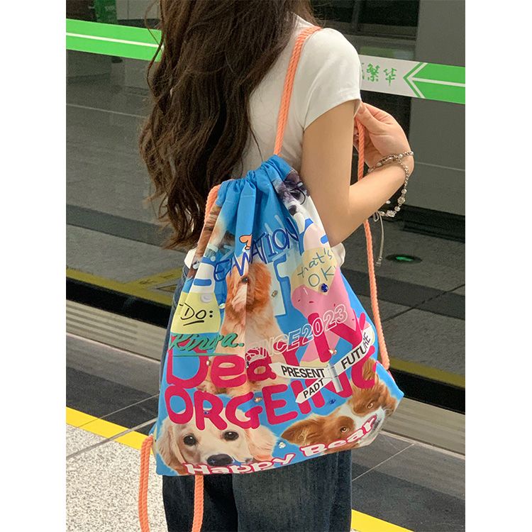 ♝❈✚Ba Lô Dây Rút Sức Chứa Lớn In Họa Tiết Kim Cương Màu Sắc dopamine Chính Hãng