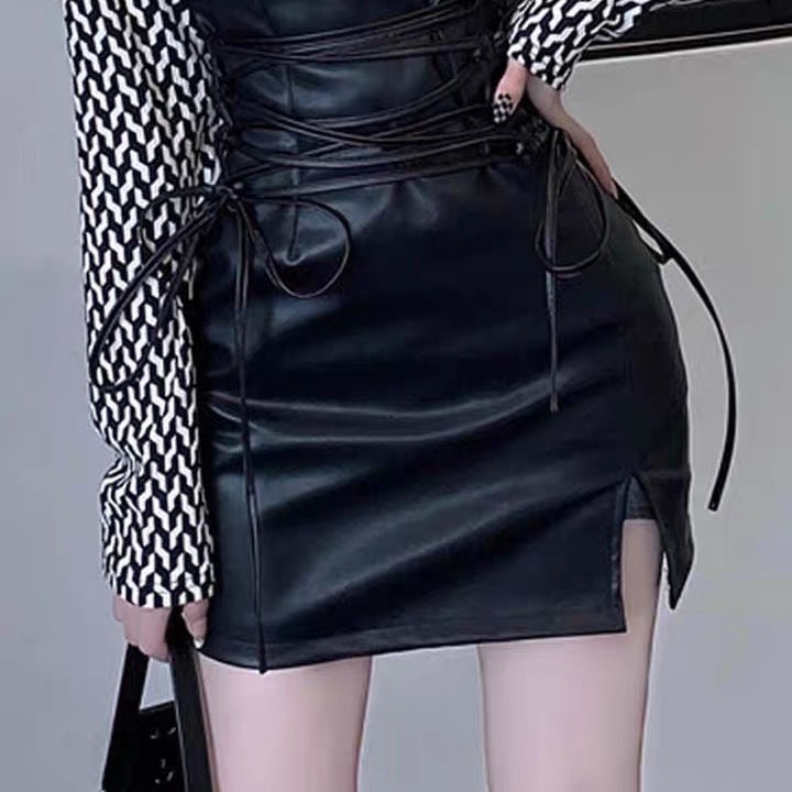 Chân Váy Da PU Lưng Cao Cột Dây Thời Trang Thu Đông Quyến Rũ Cho Nữ