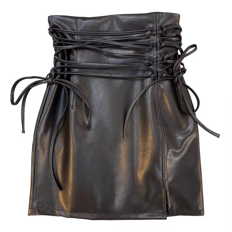 Chân Váy Da PU Lưng Cao Cột Dây Thời Trang Thu Đông Quyến Rũ Cho Nữ