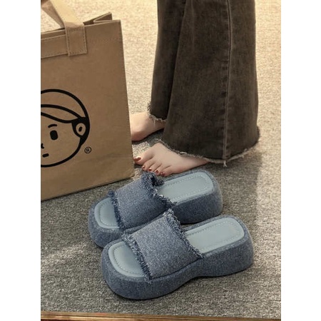 Dép Nhân Tự Kéo Nữ Denim Vải Dày Mùa Hè Mặc Thời Trang Bên Ngoài