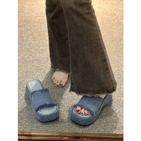 Dép Nhân Tự Kéo Nữ Denim Vải Dày Mùa Hè Mặc Thời Trang Bên Ngoài