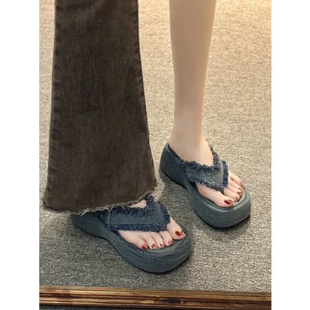 Dép Nhân Tự Kéo Nữ Denim Vải Dày Mùa Hè Mặc Thời Trang Bên Ngoài