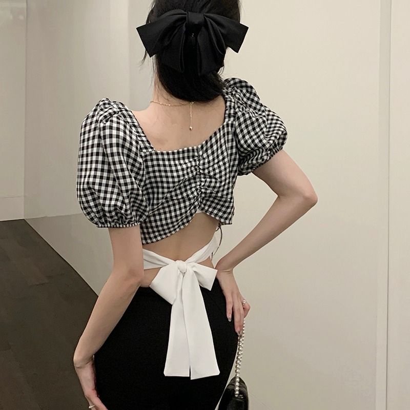 Jiashucheng Áo Thun Tay Ngắn Phồng Cổ Vuông Thắt Nơ Lưng Họa Tiết Sọc Caro Thời Trang Mùa Hè Cho Nữ