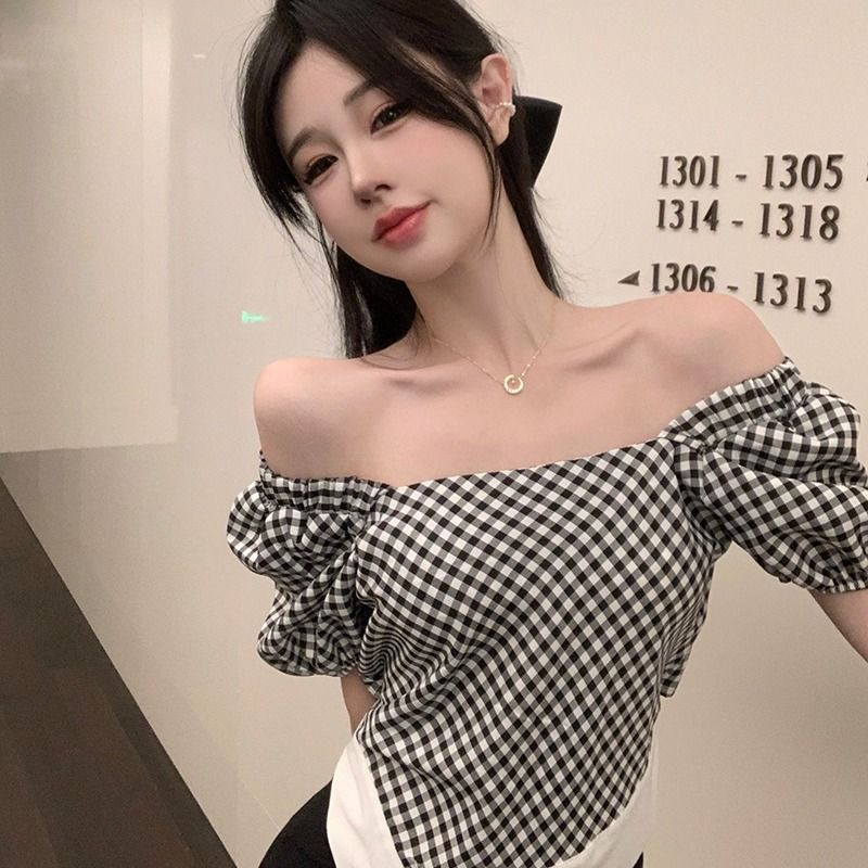 Jiashucheng Áo Thun Tay Ngắn Phồng Cổ Vuông Thắt Nơ Lưng Họa Tiết Sọc Caro Thời Trang Mùa Hè Cho Nữ