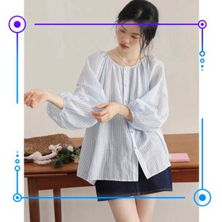 Áo sơ mi tay dài dáng rộng cổ tròn hoạ tiết kẻ sọc đơn giản ngọt ngào thời trang Hàn Quốc - su su shop