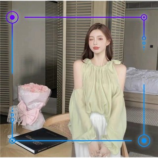 Áo kiểu cổ yếm khoét vai tay bồng chất liệu đũi gân sang chảng phong cách Hàn Quốc - su su shop