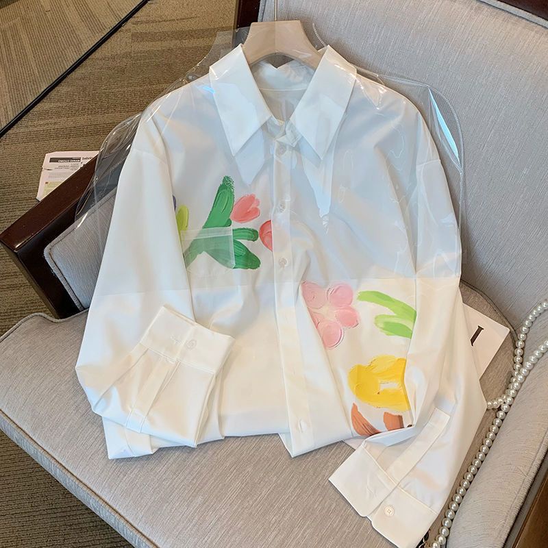 Jiashucheng Áo Sơ Mi Dài Tay Dáng Rộng Họa Tiết Hoa Graffiti Màu Sắc Tương Phản Thời Trang Xuân Thu