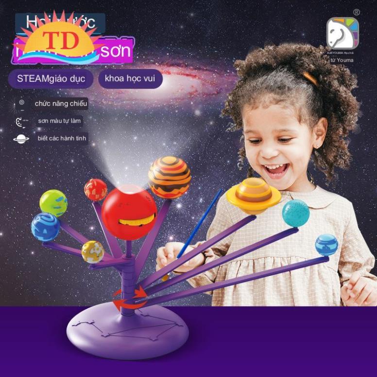 Mô hình hệ mặt trời Steam Có tô màu, đèn chiếu hành tinh. Bộ mô hình lắp ráp đồ chơi cho bé tìm hiểu khoa học