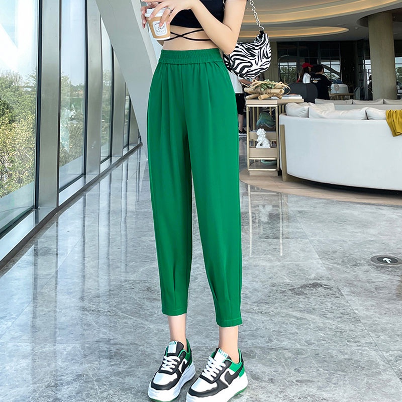 Jiashucheng Quần Harem Dài Tới Mắt Cá Chân Lưng Cao Bằng Lụa Lạnh Mỏng Phong Cách Harem Mùa Hè Cỡ Lớn Đơn Giản Dễ Phối Đồ Dành Cho Bạn