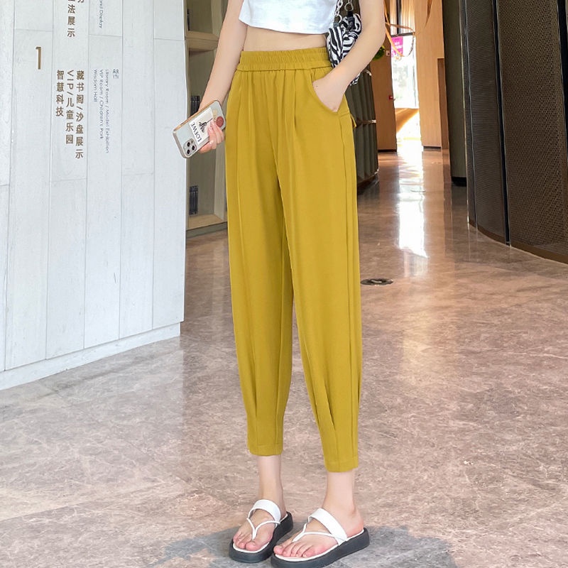 Jiashucheng Quần Harem Dài Tới Mắt Cá Chân Lưng Cao Bằng Lụa Lạnh Mỏng Phong Cách Harem Mùa Hè Cỡ Lớn Đơn Giản Dễ Phối Đồ Dành Cho Bạn