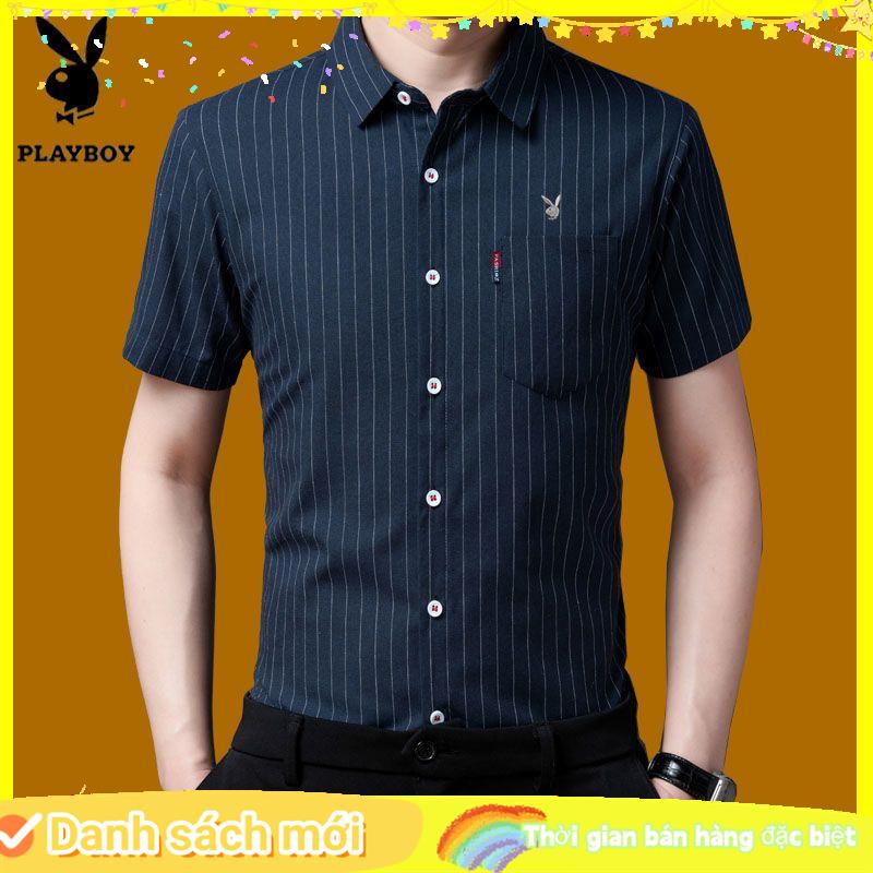 Áo Sơ Mi Playboy Tay Ngắn Dáng Ôm Kẻ Sọc Thời Trang Công Sở Dành Cho Nam Giới
