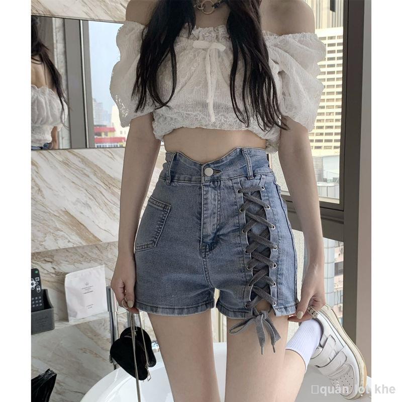 Thiết kế cảm giác thích hợp quần jean nữ có dây ins hợp thời trang hot girl thẳng quần mùa hè eo cao quần ống rộng ôm sá