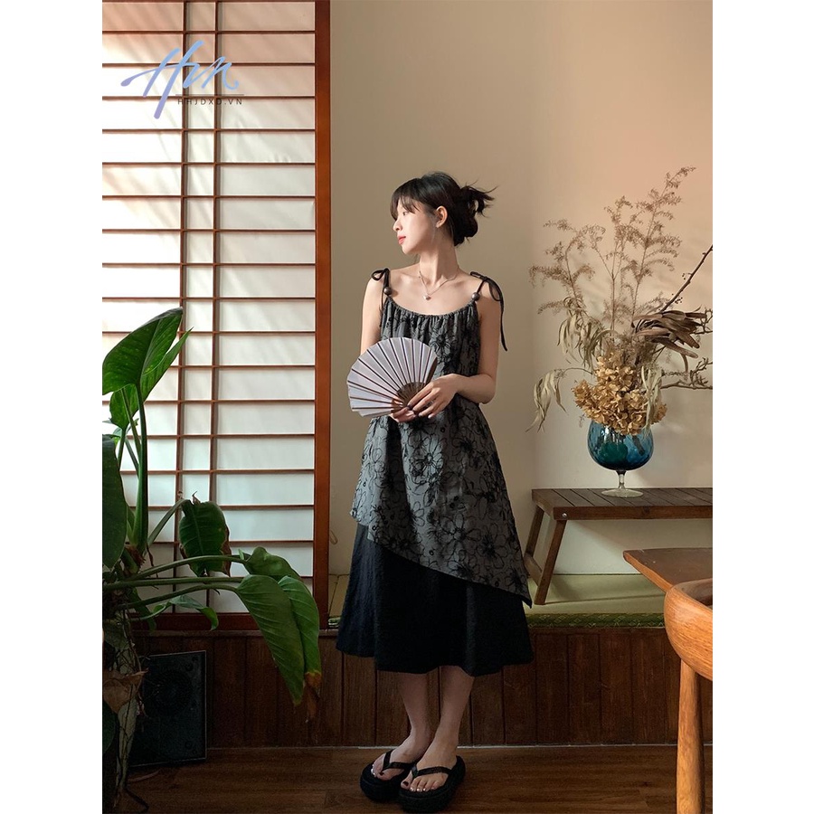 Đầm Dài Hai Dây Đính Hạt Màu Đen Phong Cách Trung Hoa Thời Trang Mùa Hè Cho Nữ
