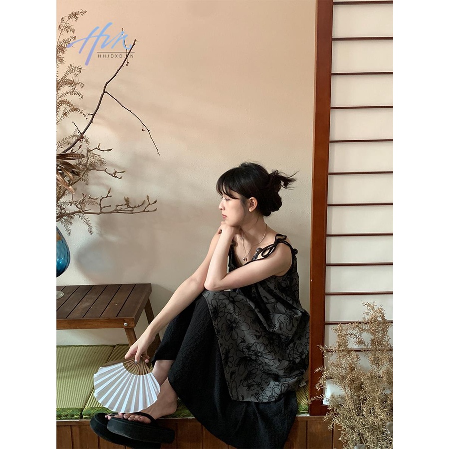 Đầm Dài Hai Dây Đính Hạt Màu Đen Phong Cách Trung Hoa Thời Trang Mùa Hè Cho Nữ