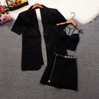 Áo khoác dáng lửng + chân váy ngắn màu đen thời trang cao cấp cho nữ