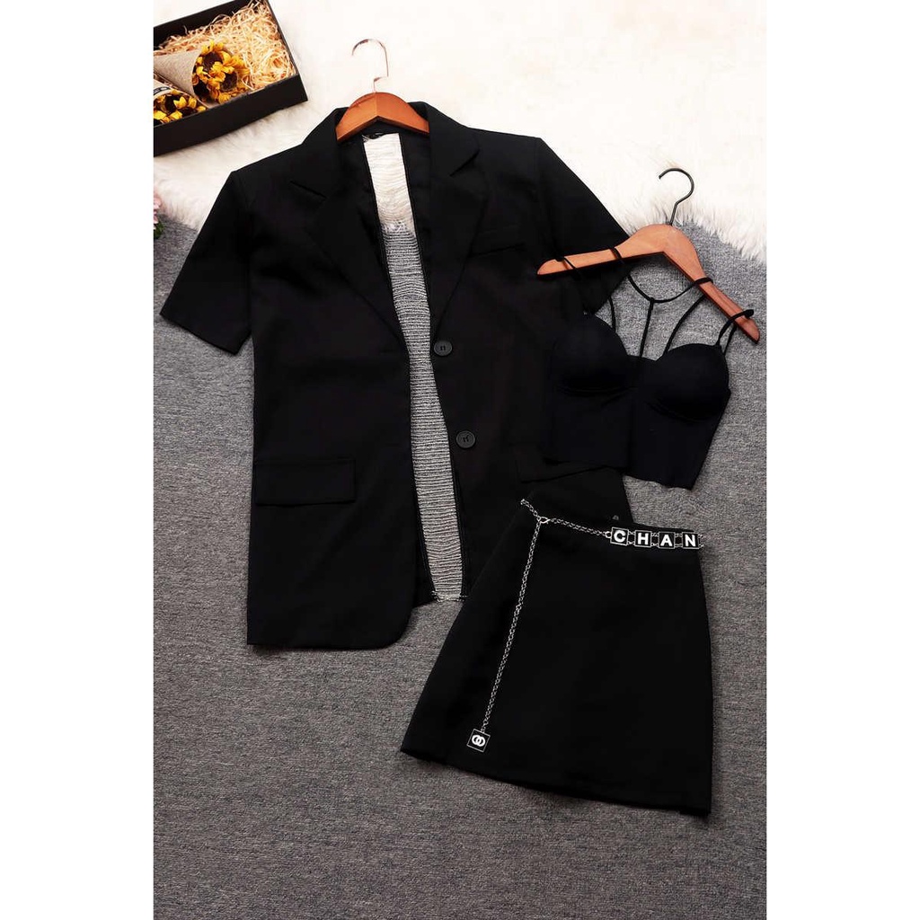 Áo Khoác Dáng Lửng + Chân Váy Ngắn Màu Đen Thời Trang Cao Cấp Cho Nữ