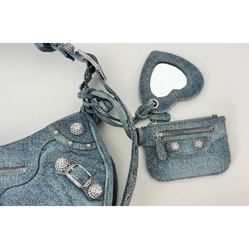 Túi xách nữ chất vải bò denim sz25cm phụ kiện đính đá sáng choang fullbox