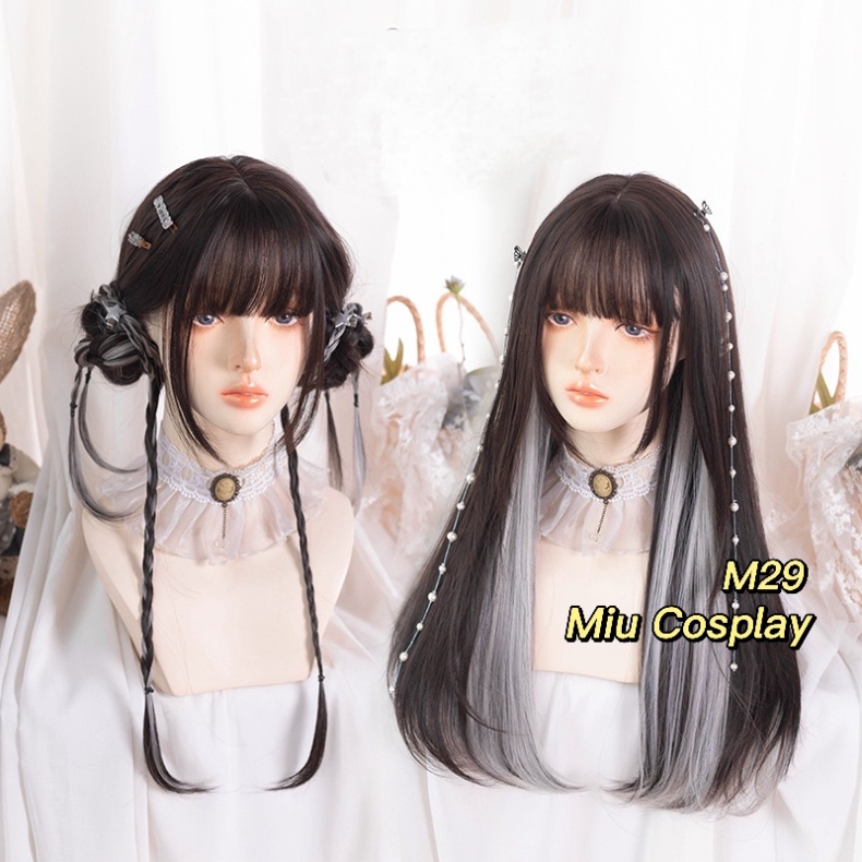 [Sẵn] Wig/Tóc giả nữ sinh nhuộm hai lớp trắng xám mix nâu đen - M28 Nguyên đầu teen/lolita [Miu Cosplay Shop 01]