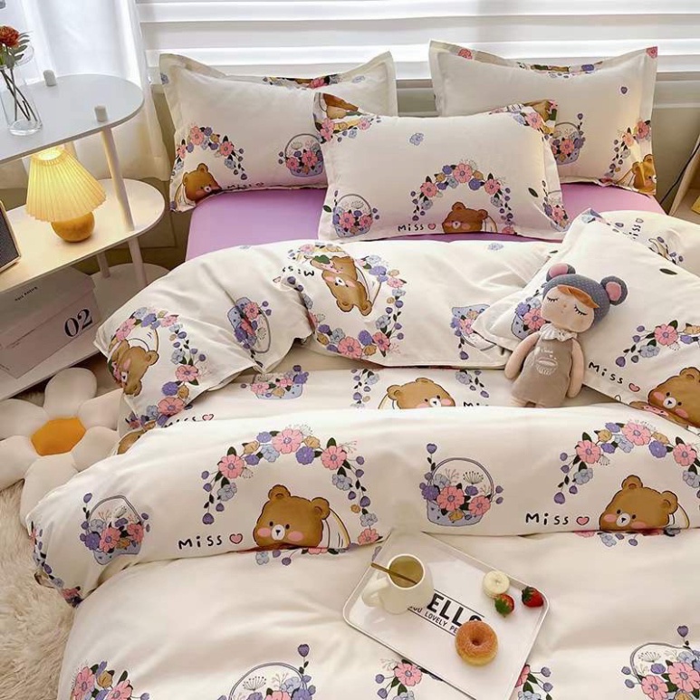 Bộ Chăn Ga Gối Cotton Poly 4 Món Hình Thỏ Và Gấu Dễ Thương