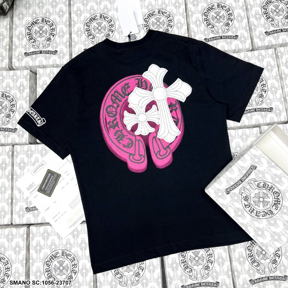 Áo phông nam nữ Premium Cotton in hình chữ thập Chrome Hearts loang hồng hai mặt phong cách trẻ trung 2023