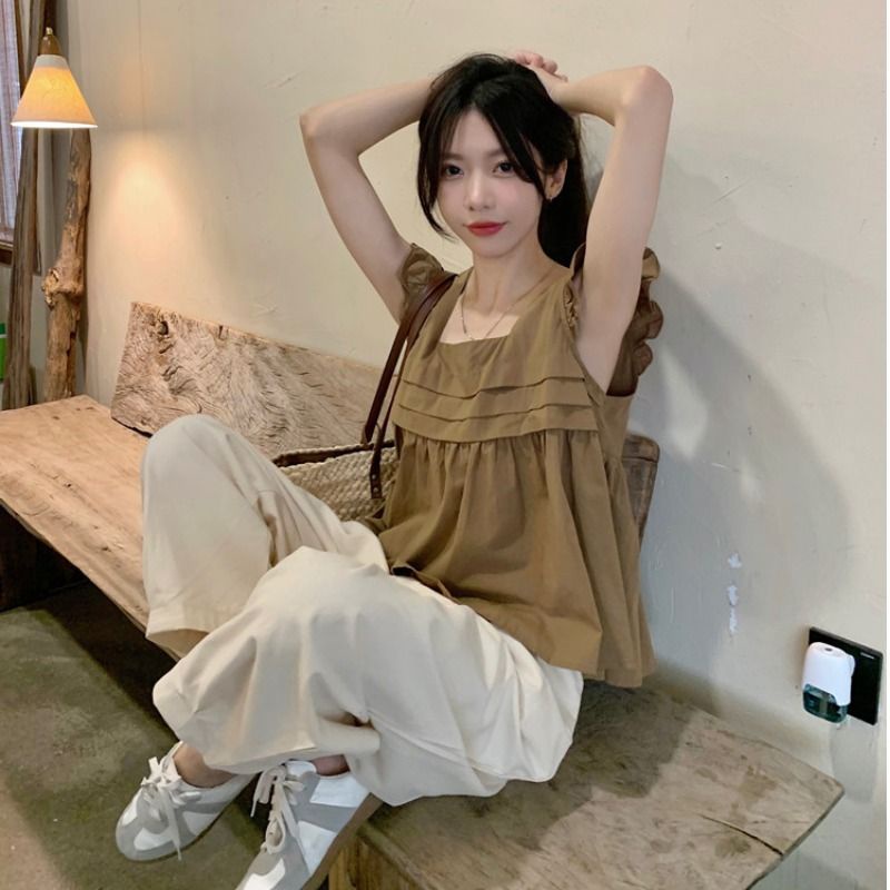 Jiashucheng Áo Sơ Mi Mùa Xuân Hè Tay Bay Có Dây Rút Dễ Phối Đồ Kiểu Pháp Ngọt Ngào Cho Nữ