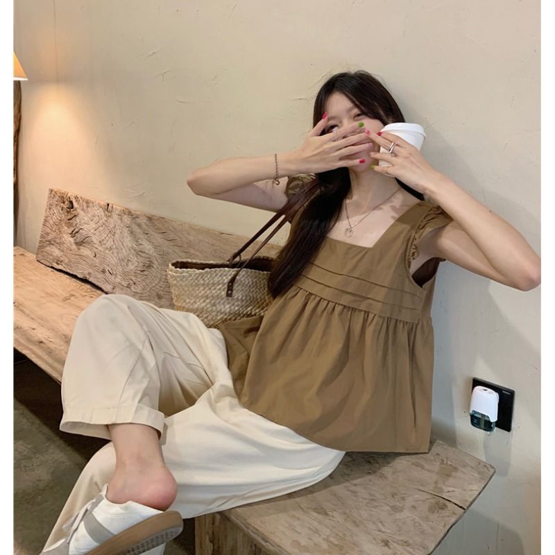 Jiashucheng Áo Sơ Mi Mùa Xuân Hè Tay Bay Có Dây Rút Dễ Phối Đồ Kiểu Pháp Ngọt Ngào Cho Nữ