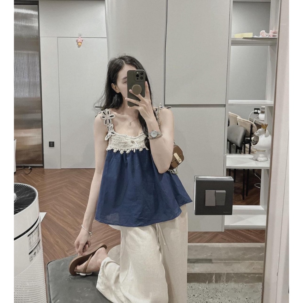 Set Áo 2 Dây Xanh Phối Ren, Kèm Quần Ống Xuông Trắng Siêu Hot