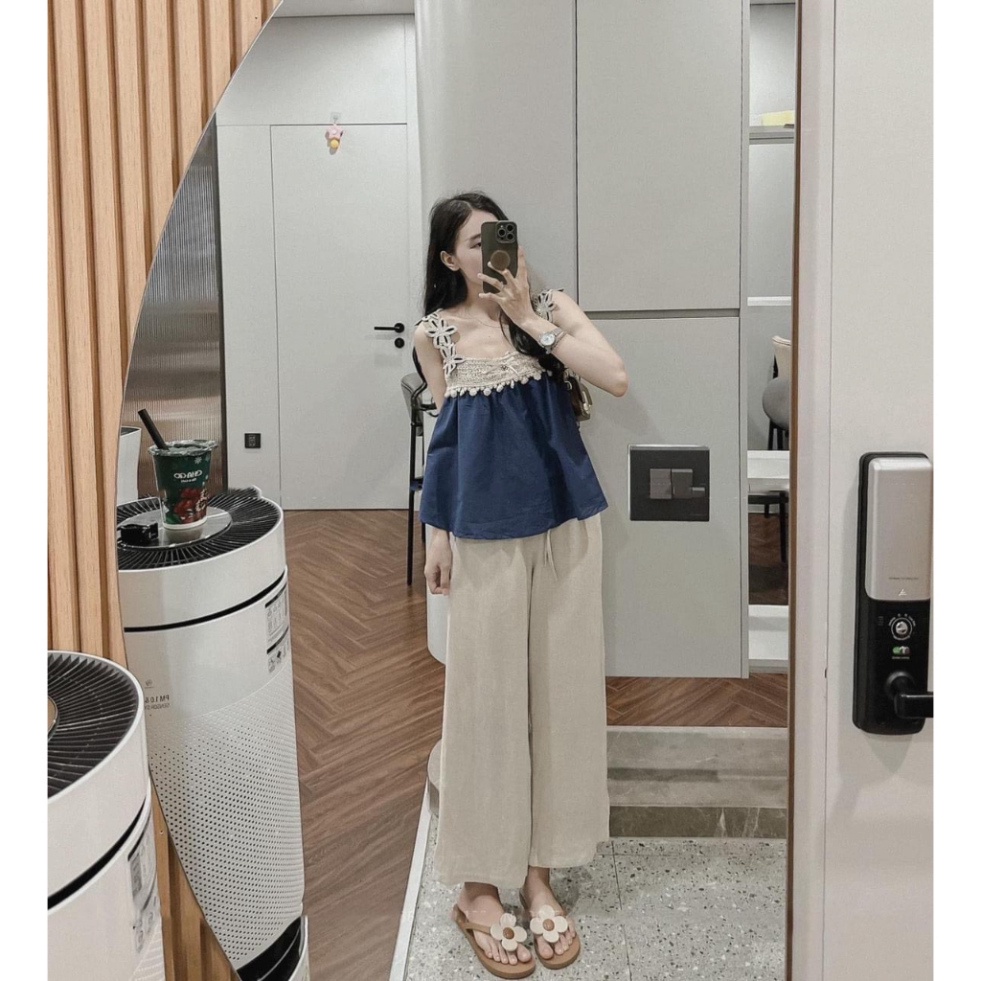 Set Áo 2 Dây Xanh Phối Ren, Kèm Quần Ống Xuông Trắng Siêu Hot