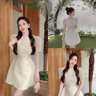 Váy Tacta kem Cúc Ngọc Đính Đá, Tay Áo Phối Tơ, Có Quần Trong SIu Sang (FreeShip)