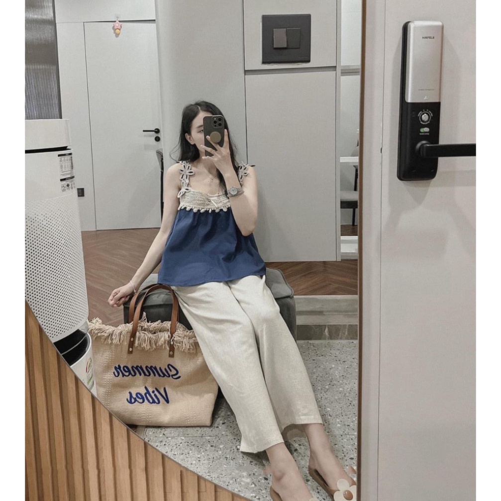 Set Áo 2 Dây Xanh Phối Ren, Kèm Quần Ống Xuông Trắng Siêu Hot
