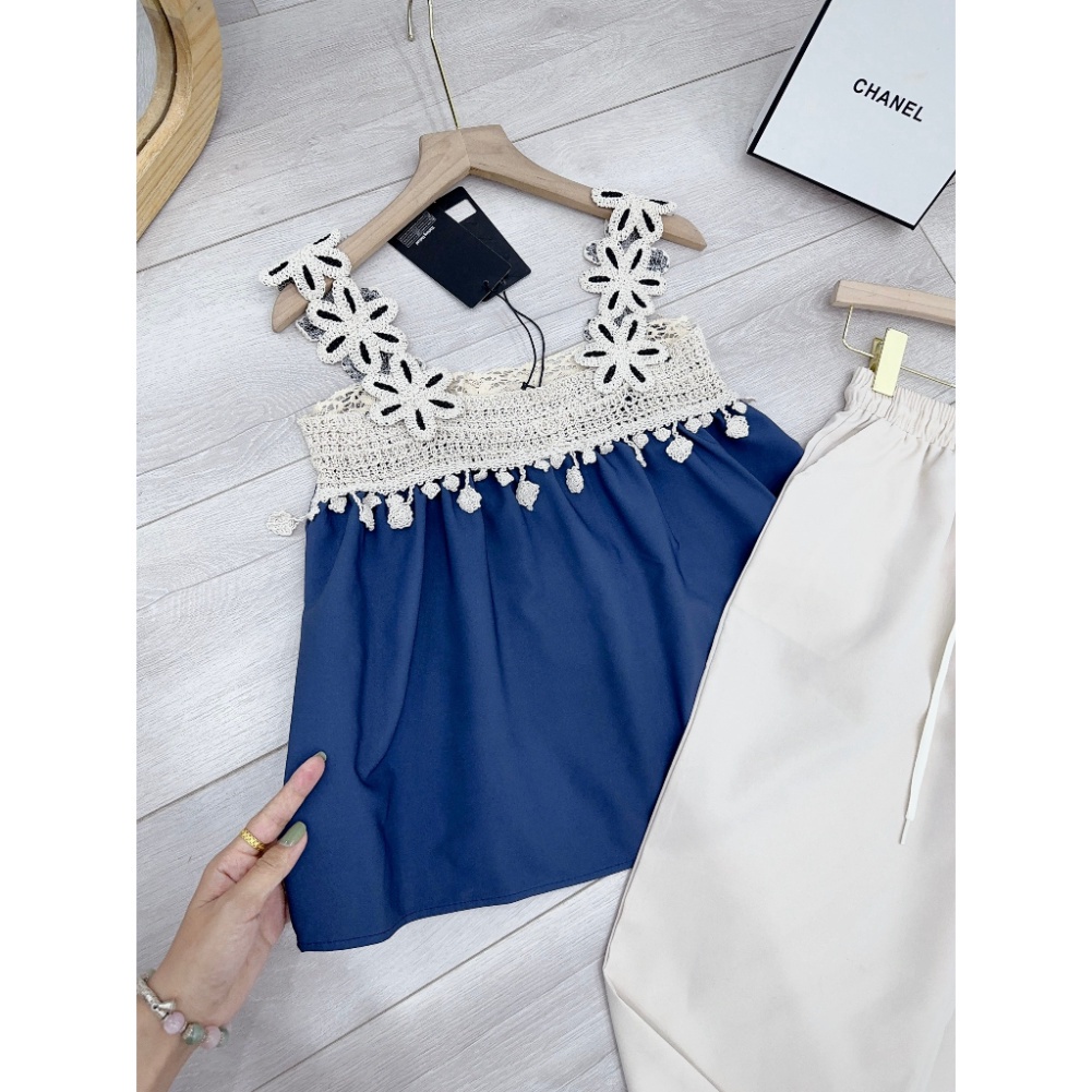Set Áo 2 Dây Xanh Phối Ren, Kèm Quần Ống Xuông Trắng Siêu Hot