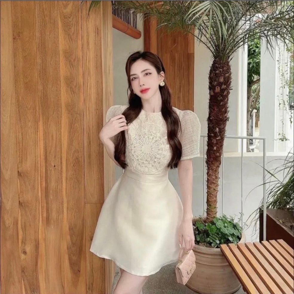 Váy Tacta kem Cúc Ngọc Đính Đá, Tay Áo Phối Tơ, Có Quần Trong SIu Sang