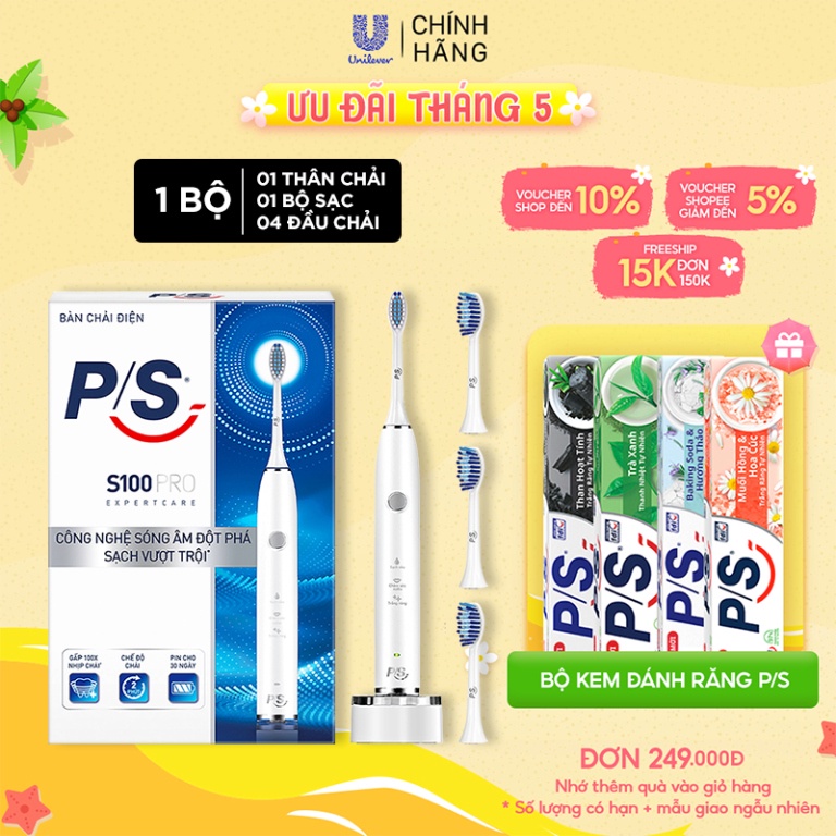 Cam kết Bộ Bàn Chải Điện P/S S100 PRO màu trắng & Bộ 2 đầu chải thay thế Sạch Sâu