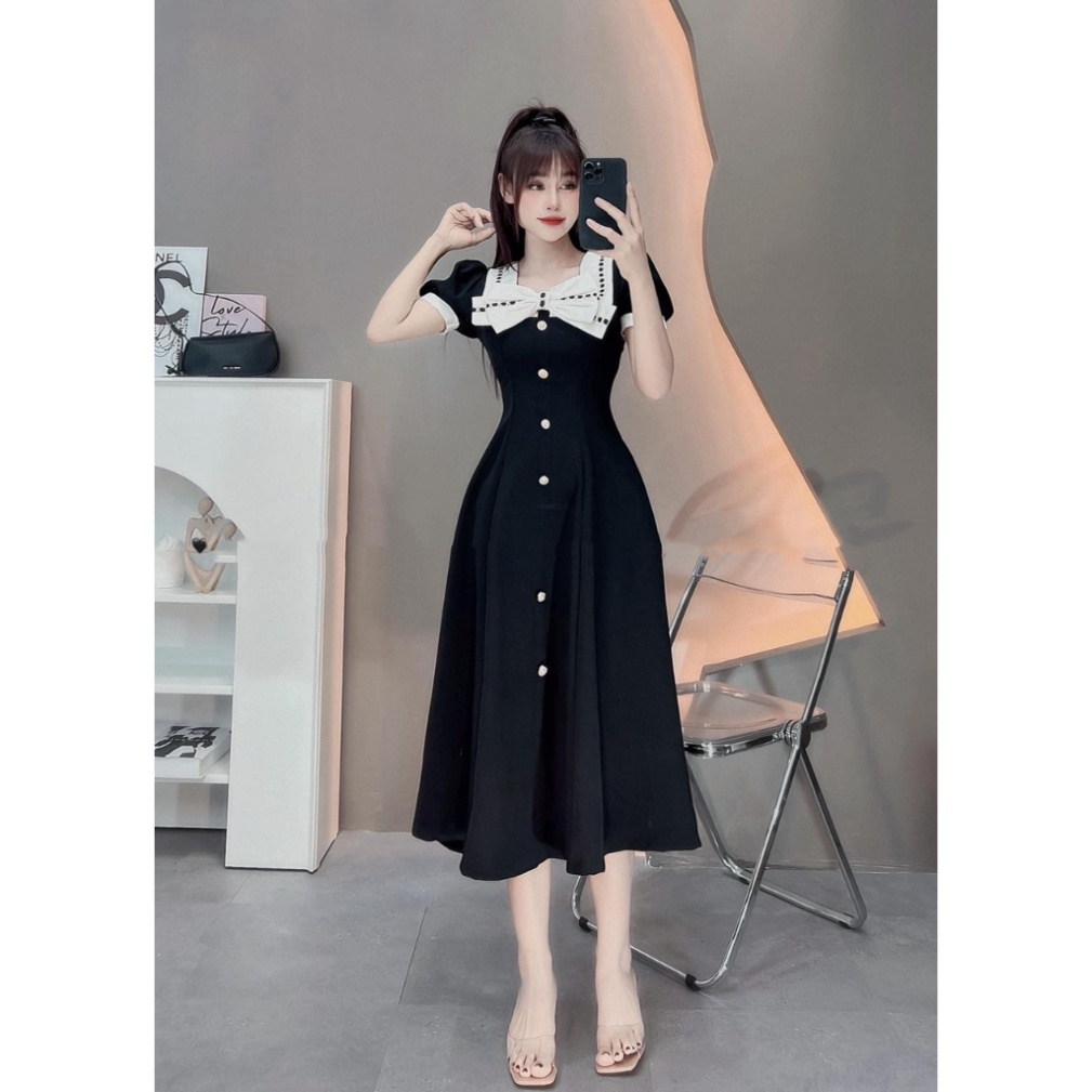 Váy Thiết Kế Dáng Dài Cổ Vuông, Đính Nơ Ngực, Chất Tuyết Mưa Siêu Sang