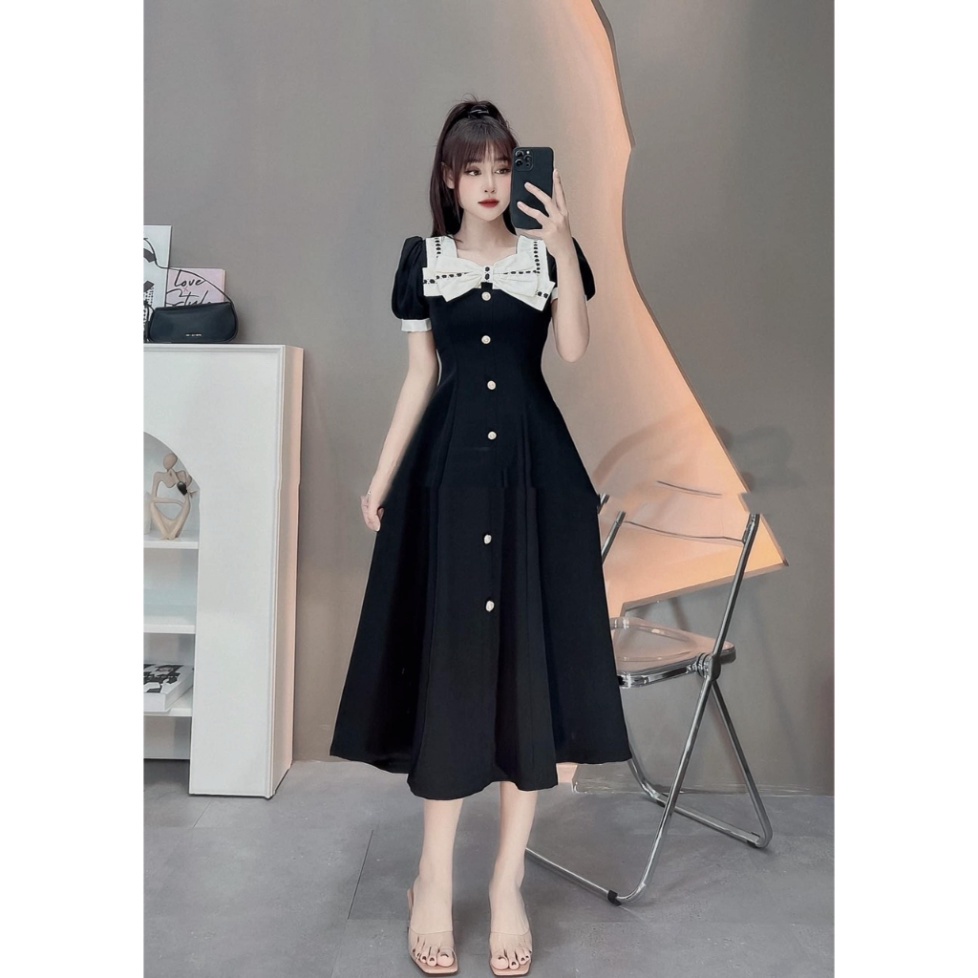 Váy Thiết Kế Dáng Dài Cổ Vuông, Đính Nơ Ngực, Chất Tuyết Mưa Siêu Sang