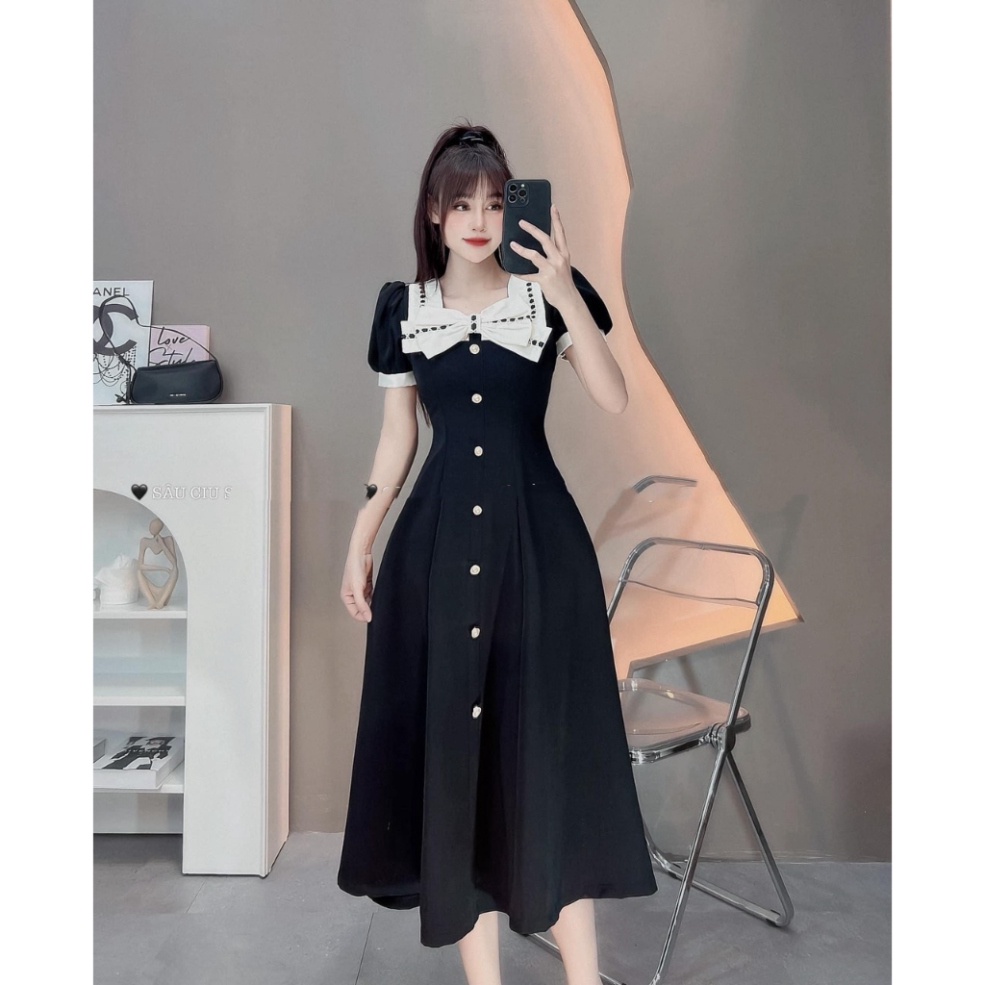 Váy Thiết Kế Dáng Dài Cổ Vuông, Đính Nơ Ngực, Chất Tuyết Mưa Siêu Sang