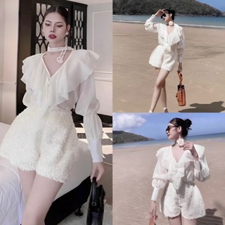 (FreeShip) Set 3 Món Tiều Thư, Áo Sơ Mi Tơ Mix Áo 2 Dây Bún, Quần Vải Đính Hoa Nổi 2 Lớp