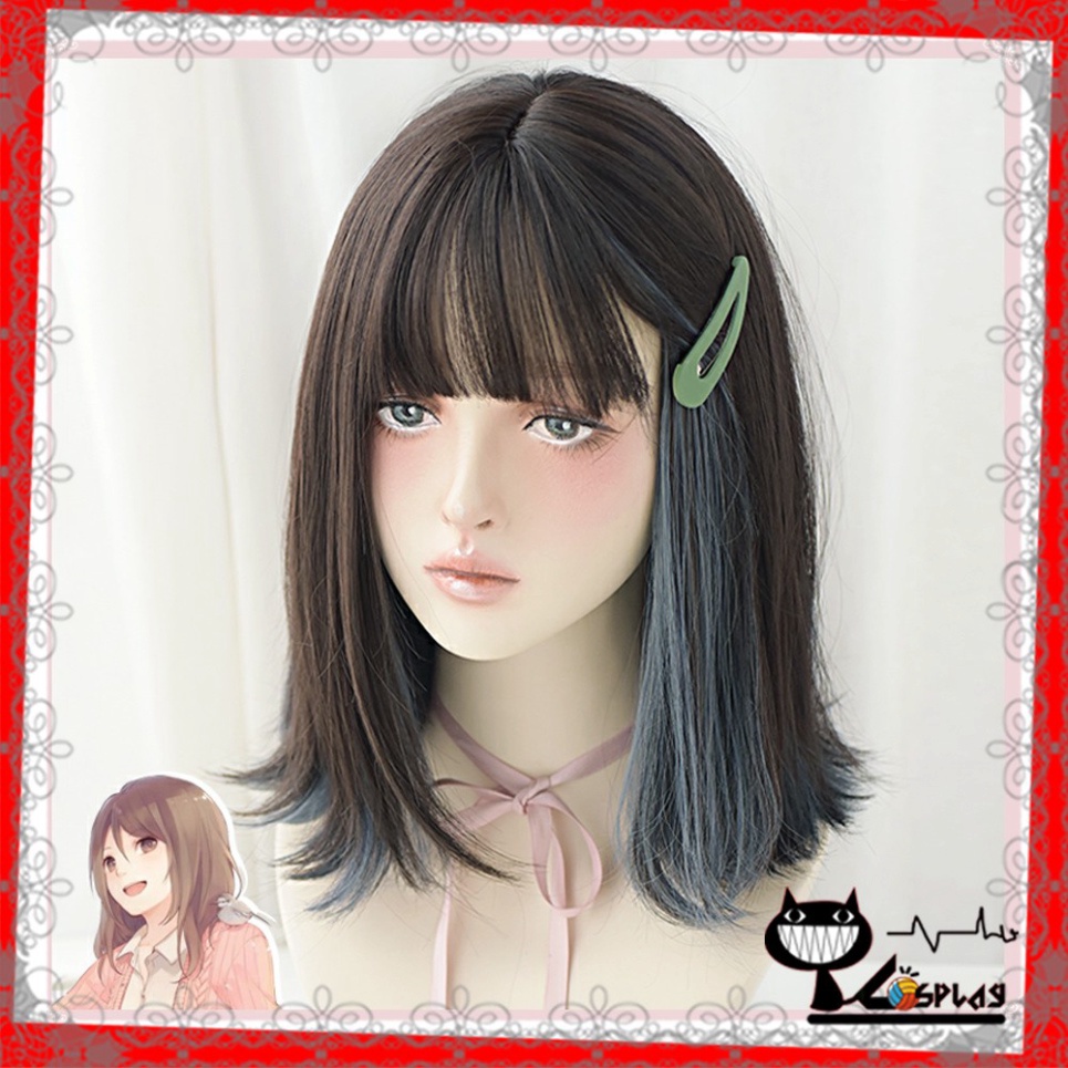 [Sẵn] Wig teen/lolita/cosplay TT003 nâu pha xanh khói hai lớp (tóc giả nguyên đầu cúp ngang vai) [Miu Cosplay 01]