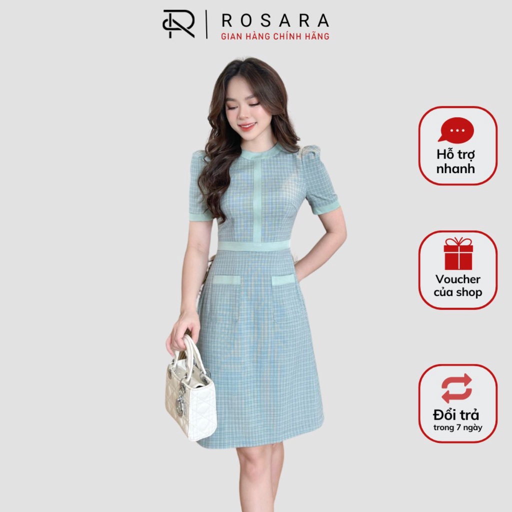 Váy Đầm Xanh Dáng Xòe Họa Tiết Kẻ Viền Thời Trang Nữ Rosara VA77 | BigBuy360 - bigbuy360.vn