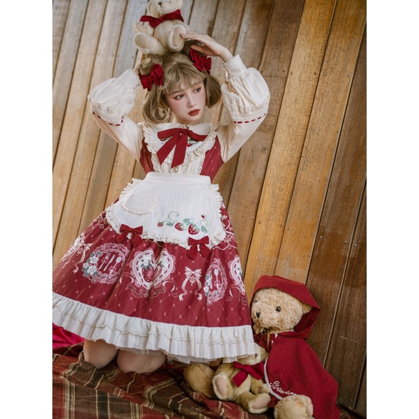 YAS0334-Váy lolita OP dâu tây kèm áo choàng
