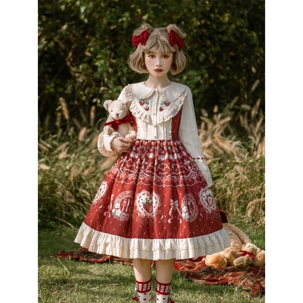 YAS0334-Váy lolita OP dâu tây kèm áo choàng