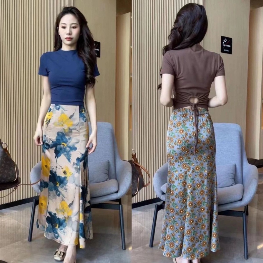 Set Áo Thun Cổ Tròn Thắt Dây Lưng + Chân Váy Đuôi Cá In Họa Tiết Hoa Hướng Dương Thời Trang Cho Nữ