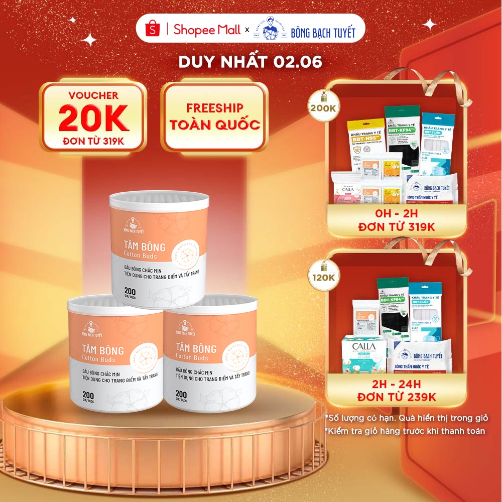 Combo 3 Hộp Tăm bông Bông Bạch Tuyết (200 que/hộp tròn)