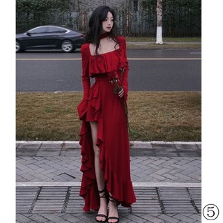 Đầm Dài Cổ Vuông Viền Bèo Màu Đỏ Phong Cách Pháp Thanh Lịch Kiểu Mới