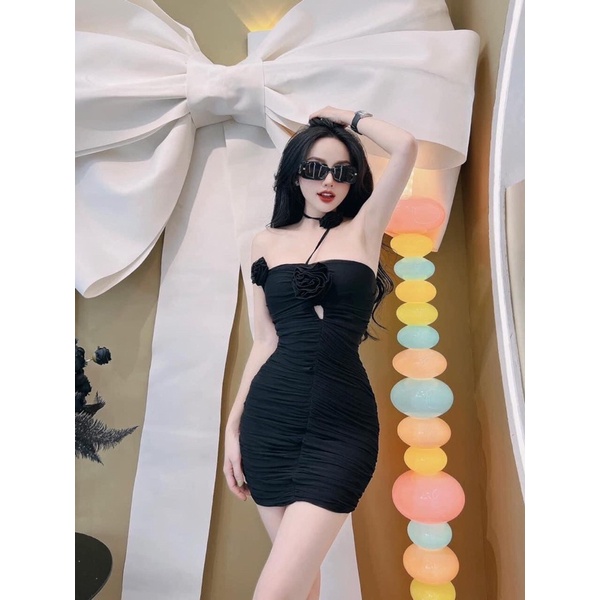 GenZ_Đầm Body Tăm Gân Nhún Hoa Hồng Hót Hình Thật✔️