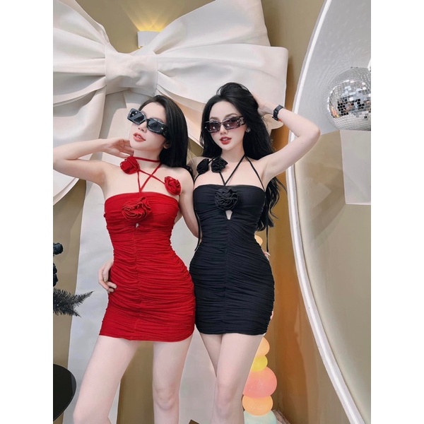 GenZ_Đầm Body Tăm Gân Nhún Hoa Hồng Hót Hình Thật✔️